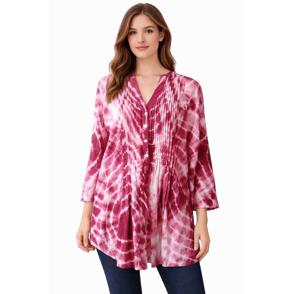 Chico's Blouse Pink Tie-Dye Pullover 3/4 Sleeve M Petite Popover Grunge Boho Top